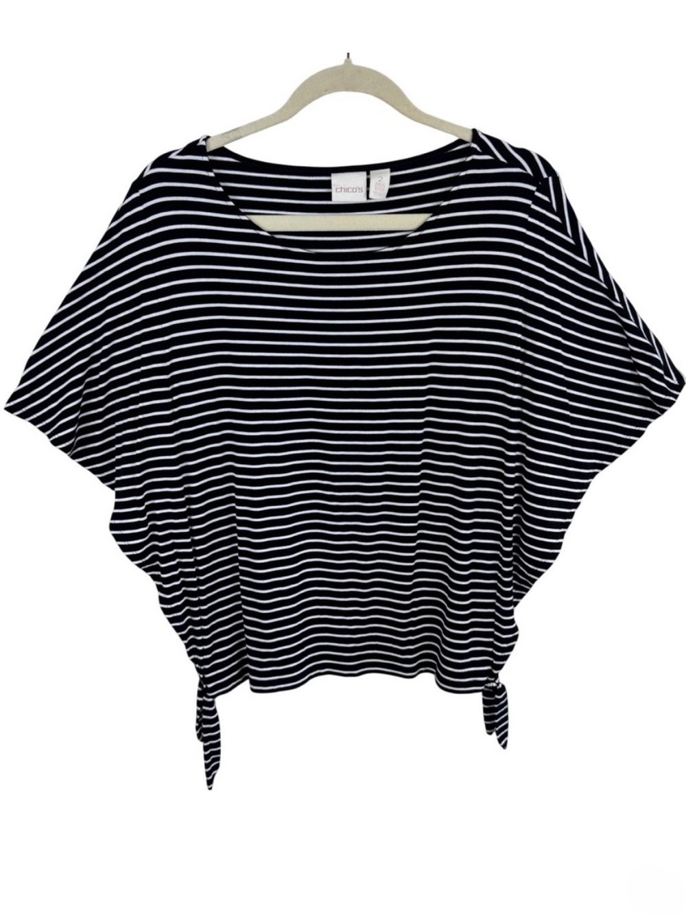 Chicos Striped Dolman Sleeve Top Black White Side Tie Scoop Neck Size 2 Large